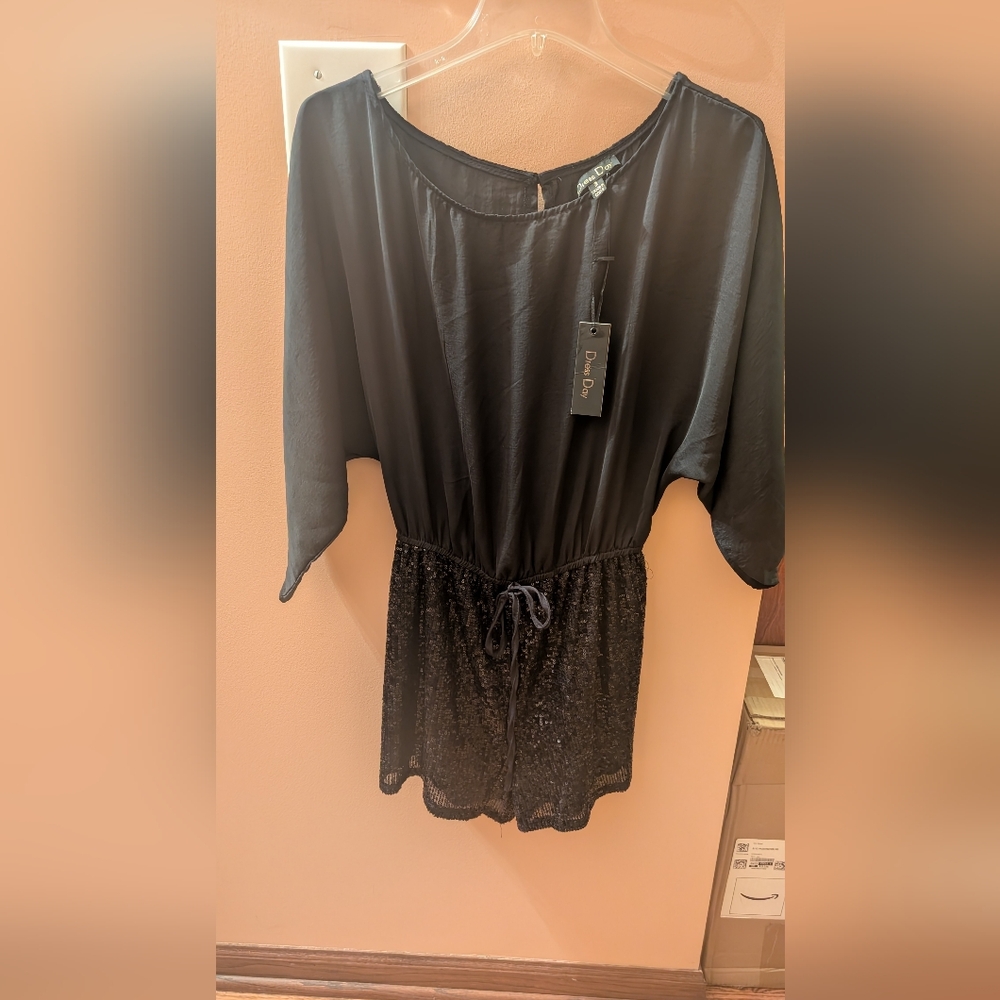 New Year's Eve Perfect Outfit With Tags Black blousy Sequin silky Romper